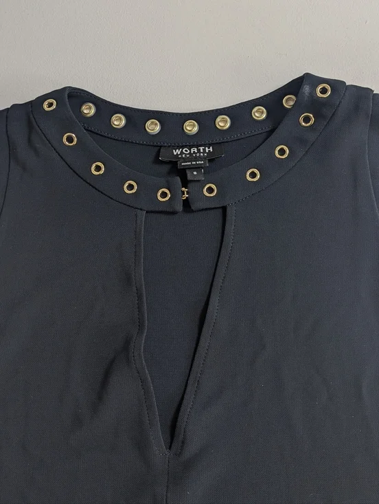 Worth Womens Gold Embellished Top Sleeveless Dark Navy Size S V-neck Office EUC - Picture 7 of 9